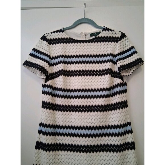 Lauren Ralph Lauren Short Sleeve Chevron Stripe Crochet Knit Dress 10 White Blue - Picture 3 of 10